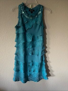 SL Fashions Teal Tiered Ruffle Dress with Beaded Neckline